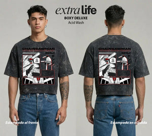 Playera streetwear premium de anime y gaming ExtraLife MX, corte boxy deluxe mineral wash heavyweight en color Acid Wash, moda urbana mexicana de culto.