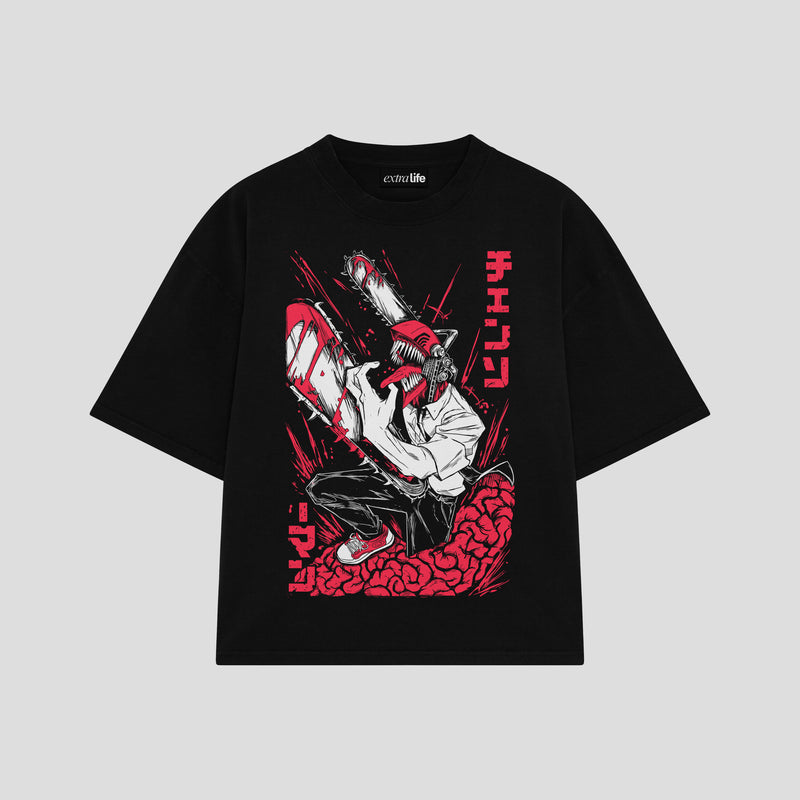 Playera streetwear premium de anime y gaming ExtraLife MX, corte boxy oversized drop shoulder heavyweight en color Deep Black y Off-White, moda urbana mexicana de culto.