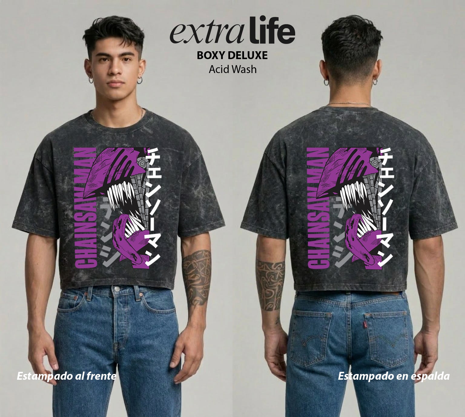 Playera streetwear premium de anime y gaming ExtraLife MX, corte boxy deluxe mineral wash heavyweight en color Acid Wash, moda urbana mexicana de culto.
