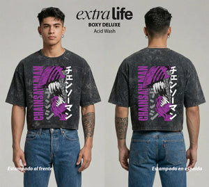 Playera streetwear premium de anime y gaming ExtraLife MX, corte boxy deluxe mineral wash heavyweight en color Acid Wash, moda urbana mexicana de culto.