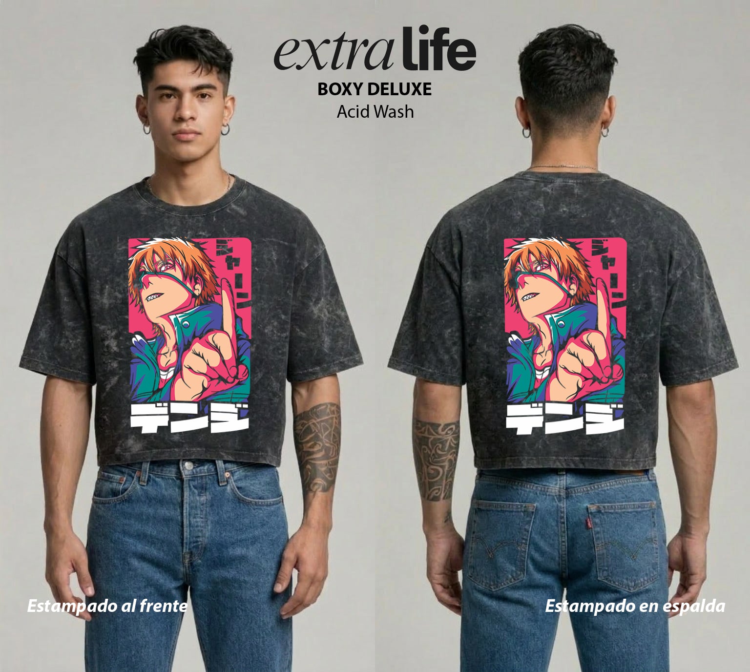 Playera streetwear premium de anime y gaming ExtraLife MX, corte boxy deluxe mineral wash heavyweight en color Acid Wash, moda urbana mexicana de culto.