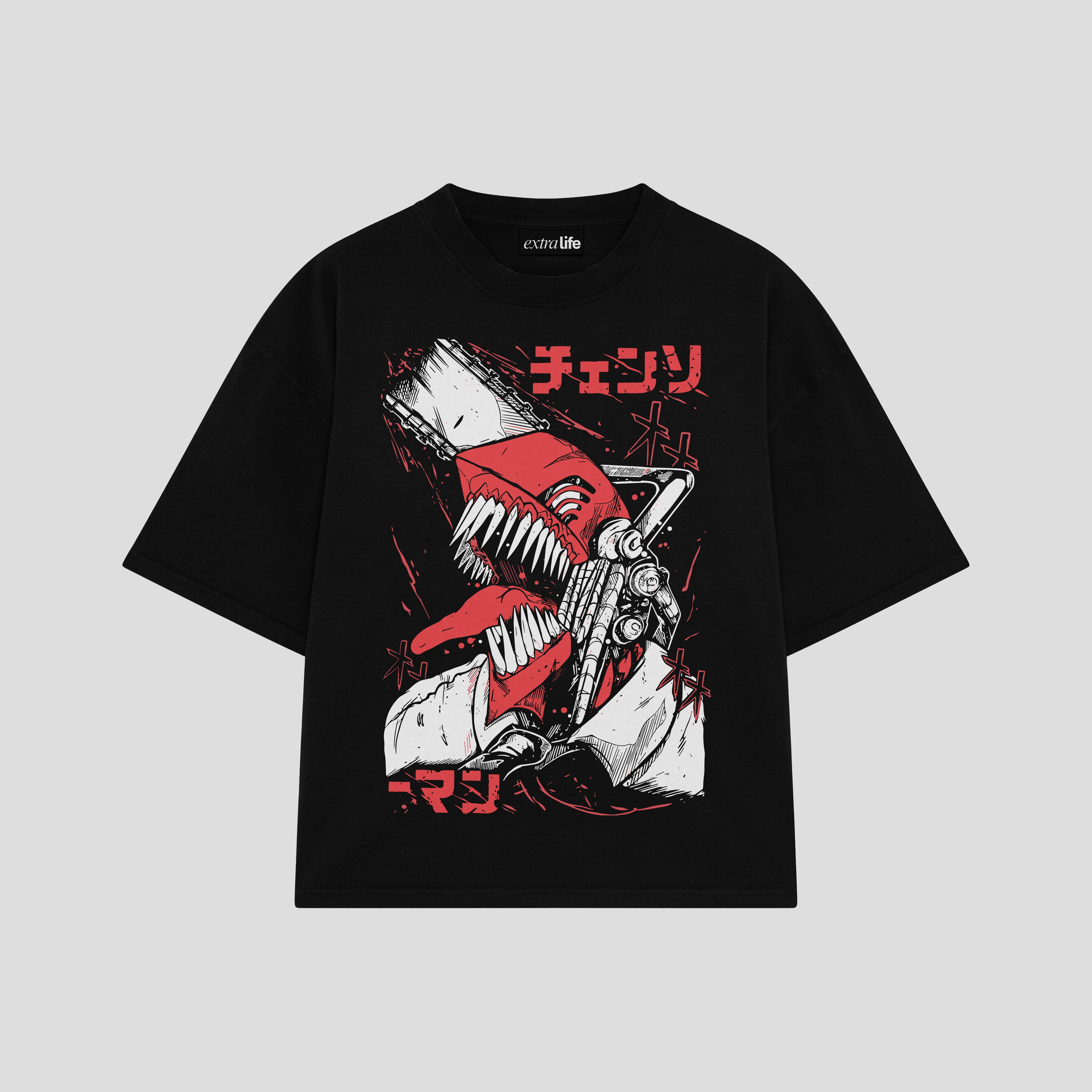 Playera streetwear premium de anime y gaming ExtraLife MX, corte boxy oversized drop shoulder heavyweight en color Deep Black y Off-White, moda urbana mexicana de culto.