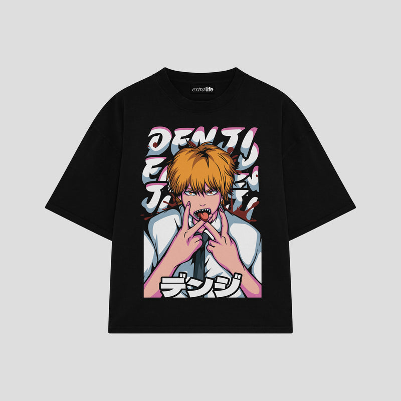Playera streetwear premium de anime y gaming ExtraLife MX, corte boxy oversized drop shoulder heavyweight en color Deep Black y Off-White, moda urbana mexicana de culto.