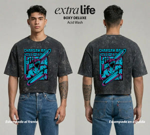 Playera streetwear premium de anime y gaming ExtraLife MX, corte boxy deluxe mineral wash heavyweight en color Acid Wash, moda urbana mexicana de culto.