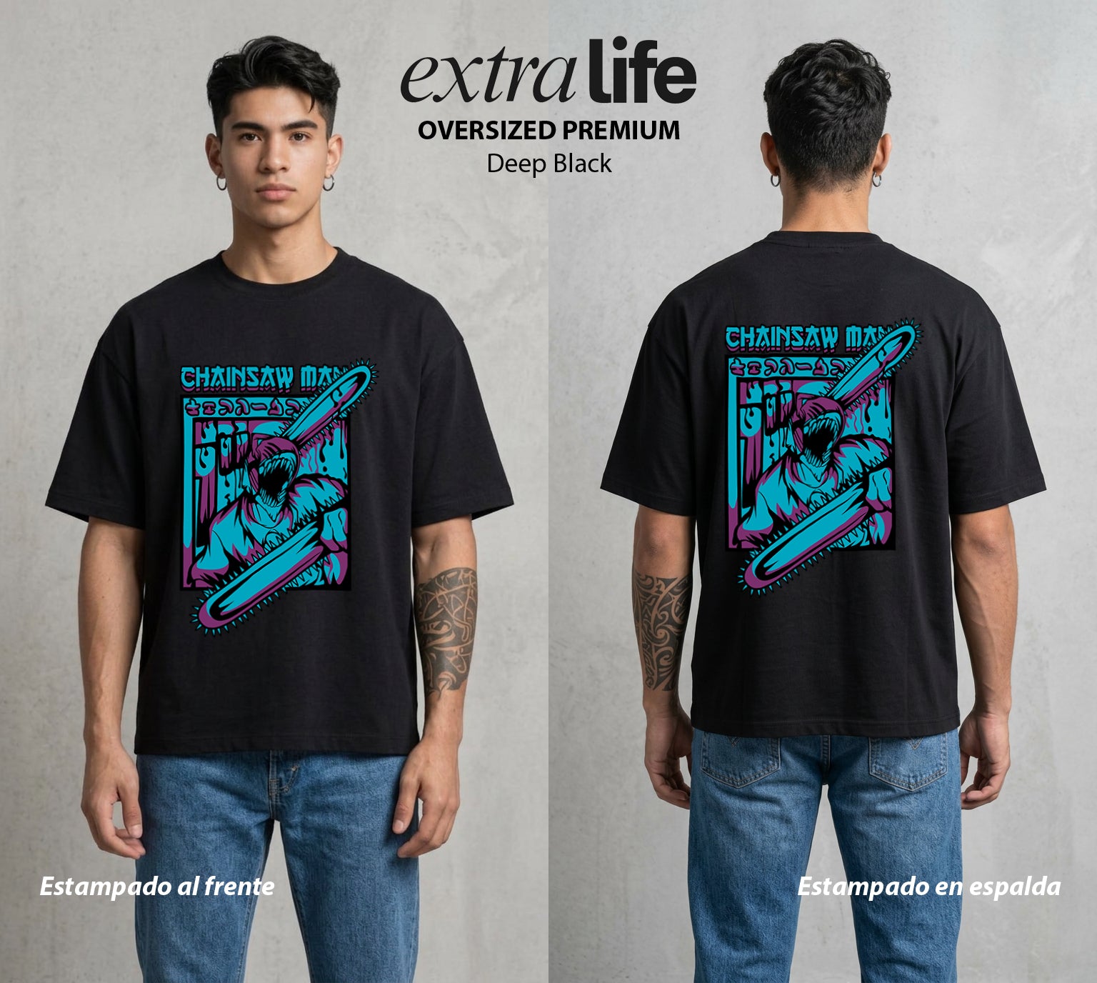 El Contrato Infernal | Motosierra y Corazon #00415 - Playera Oversized Premium | Deep Black - Foto en modelo