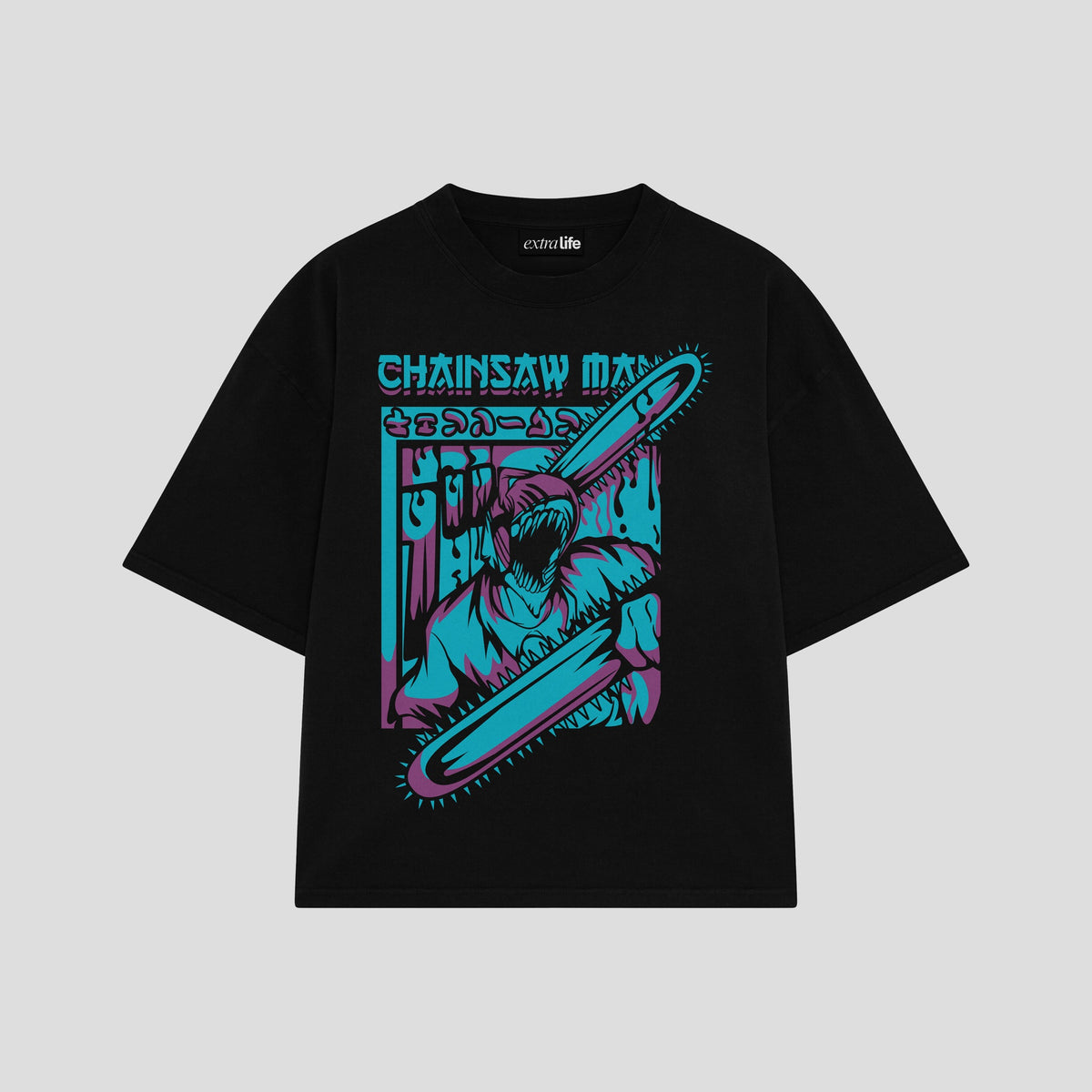 Playera streetwear premium de anime y gaming ExtraLife MX, corte oversized drop shoulder ligero y fresco en color Deep Black y Off-White, moda urbana mexicana de culto.