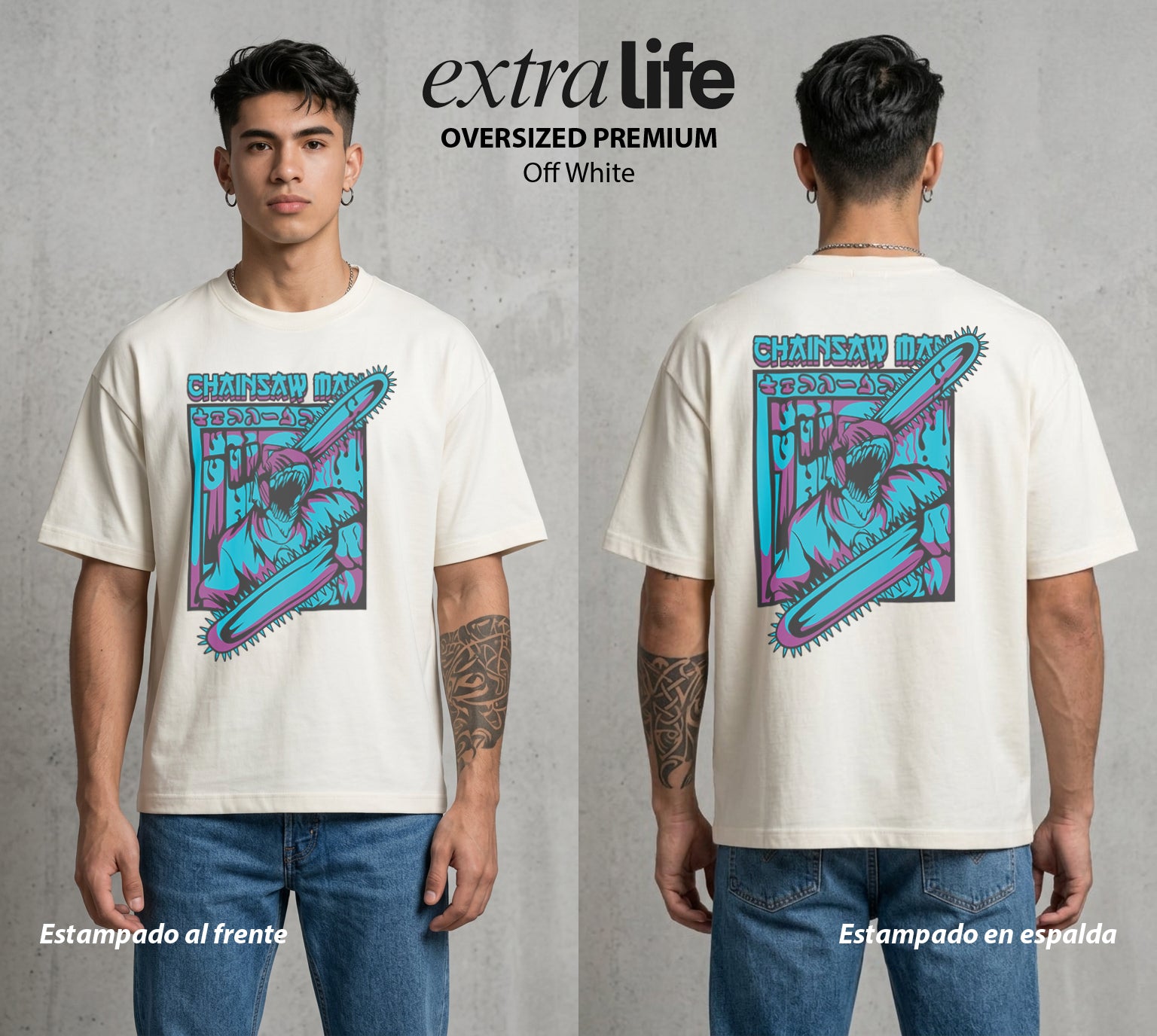 El Contrato Infernal | Motosierra y Corazon #00415 - Playera Oversized Premium | Off White - Foto en modelo