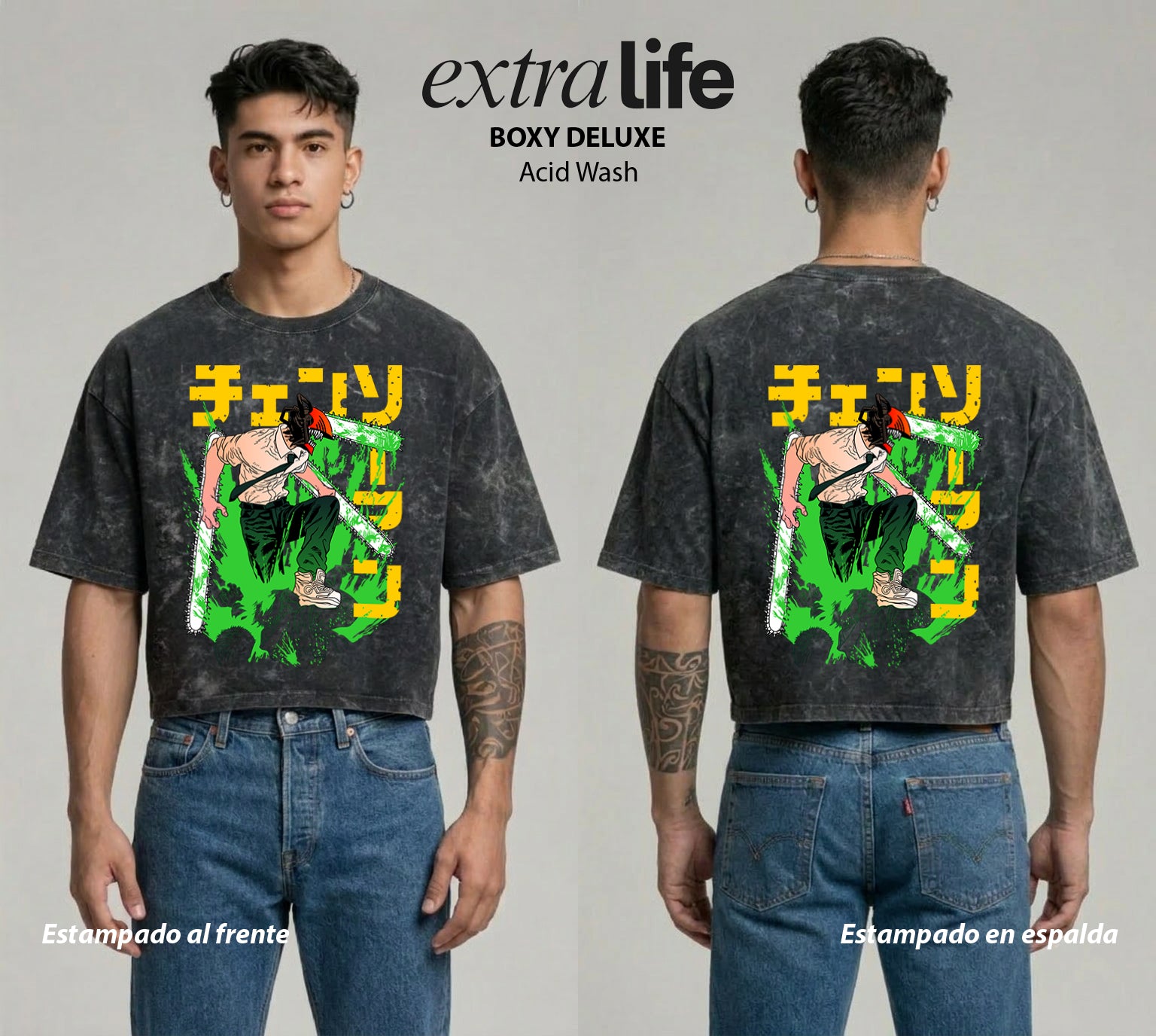 Playera streetwear premium de anime y gaming ExtraLife MX, corte boxy deluxe mineral wash heavyweight en color Acid Wash, moda urbana mexicana de culto.