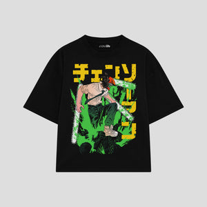 Playera streetwear premium de anime y gaming ExtraLife MX, corte boxy oversized drop shoulder heavyweight en color Deep Black y Off-White, moda urbana mexicana de culto.