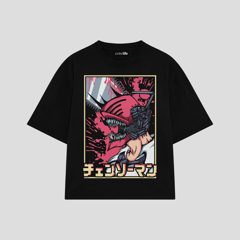 Playera streetwear premium de anime y gaming ExtraLife MX, corte boxy oversized drop shoulder heavyweight en color Deep Black y Off-White, moda urbana mexicana de culto.