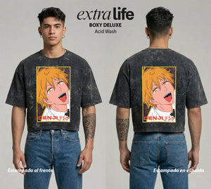 Playera streetwear premium de anime y gaming ExtraLife MX, corte boxy deluxe mineral wash heavyweight en color Acid Wash, moda urbana mexicana de culto.