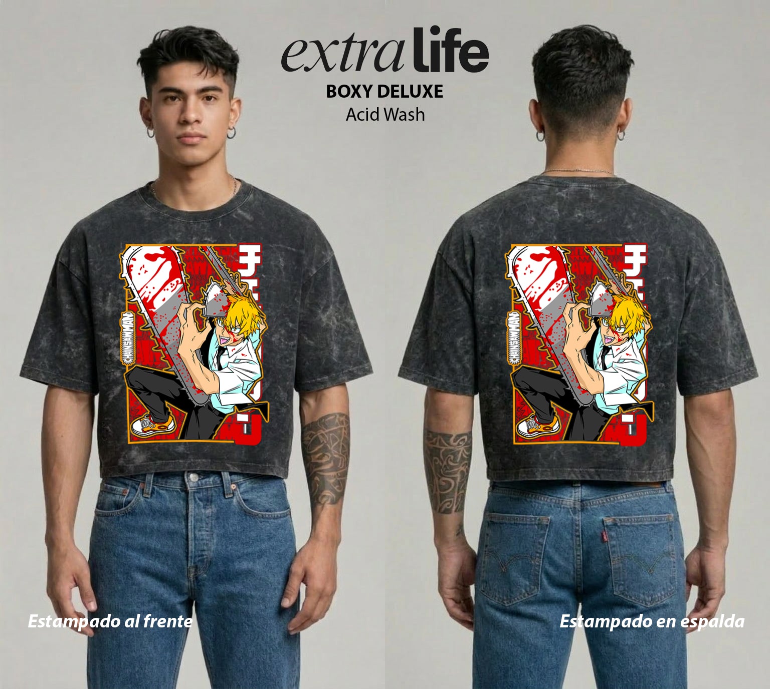 Playera streetwear premium de anime y gaming ExtraLife MX, corte boxy deluxe mineral wash heavyweight en color Acid Wash, moda urbana mexicana de culto.