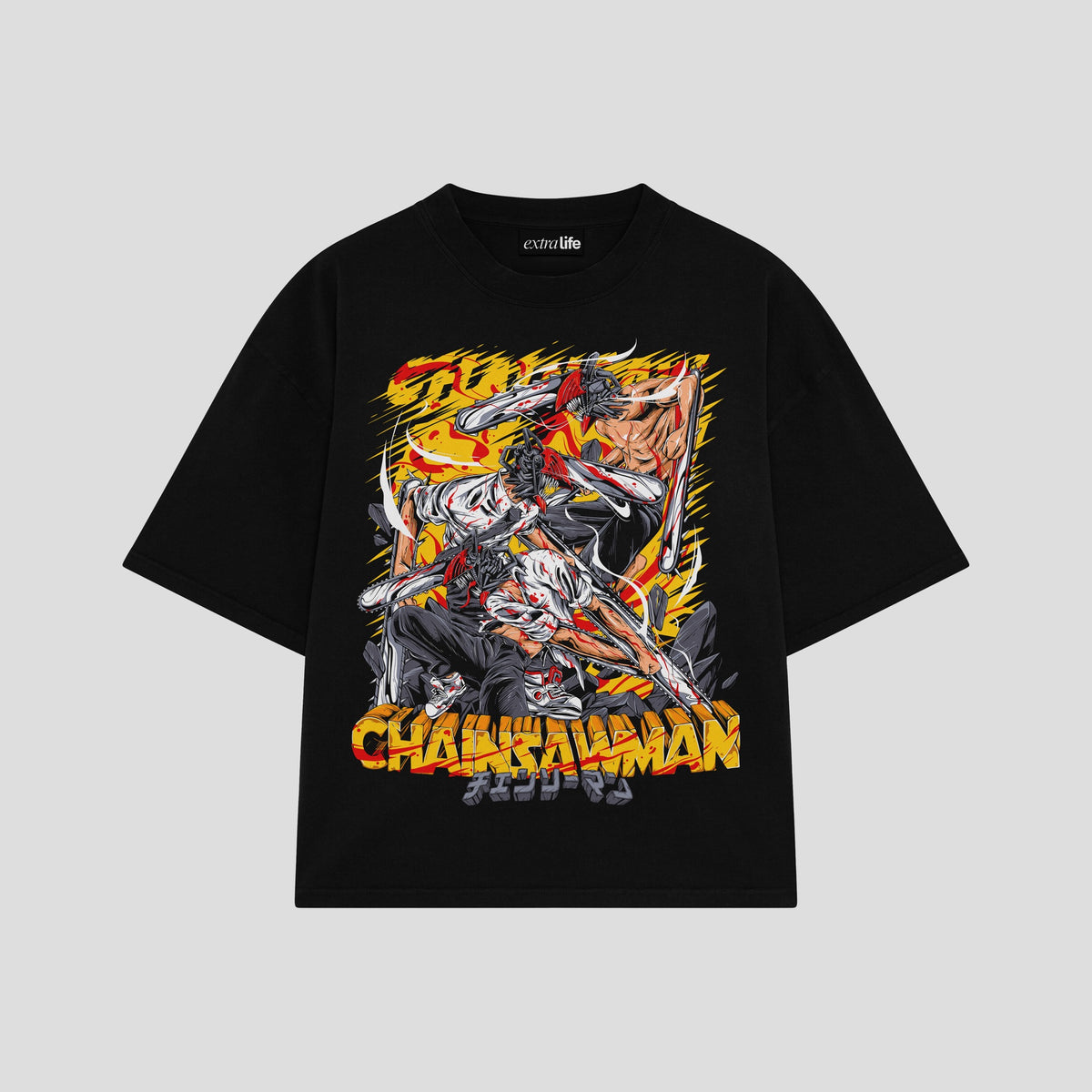 Playera streetwear premium de anime y gaming ExtraLife MX, corte oversized drop shoulder ligero y fresco en color Deep Black y Off-White, moda urbana mexicana de culto.