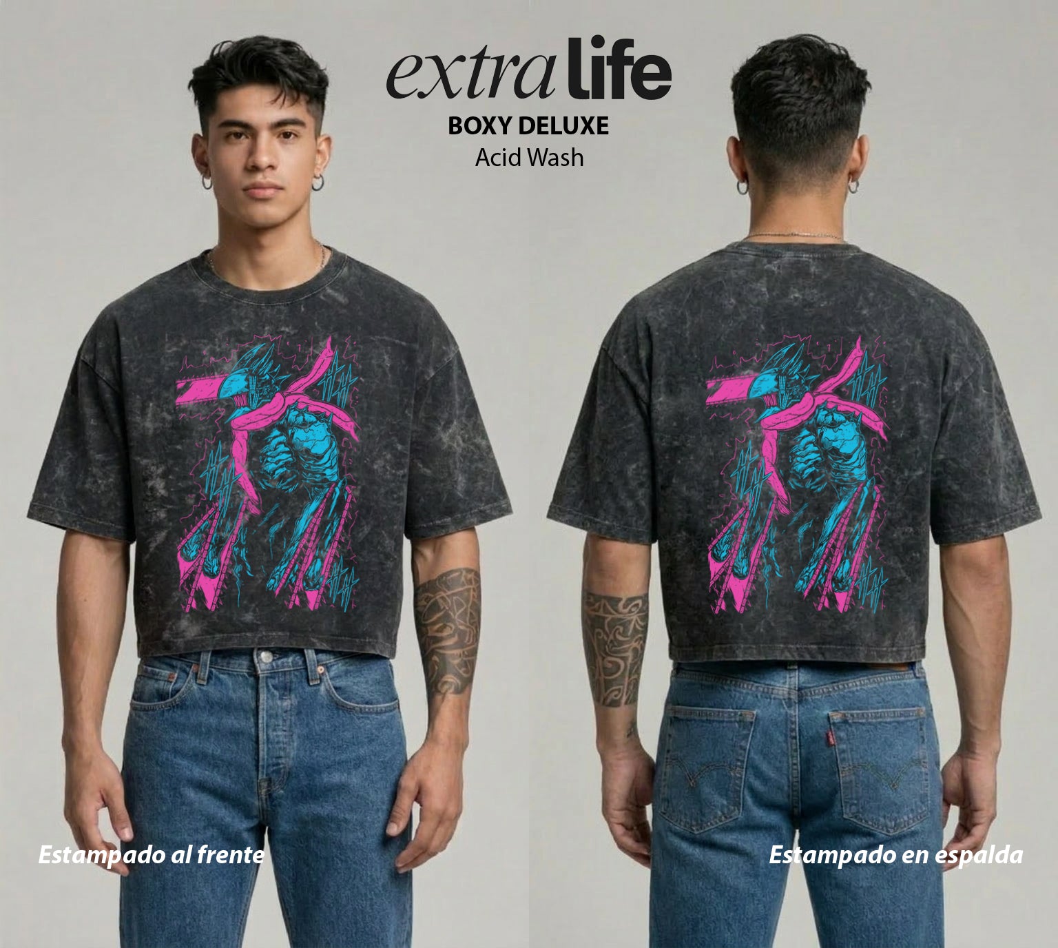 Playera streetwear premium de anime y gaming ExtraLife MX, corte boxy deluxe mineral wash heavyweight en color Acid Wash, moda urbana mexicana de culto.