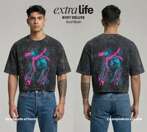 Playera streetwear premium de anime y gaming ExtraLife MX, corte boxy deluxe mineral wash heavyweight en color Acid Wash, moda urbana mexicana de culto.