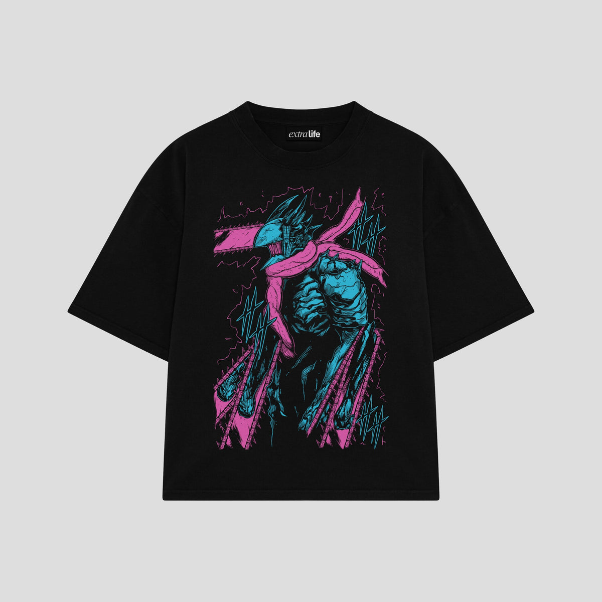 Playera streetwear premium de anime y gaming ExtraLife MX, corte oversized drop shoulder ligero y fresco en color Deep Black y Off-White, moda urbana mexicana de culto.