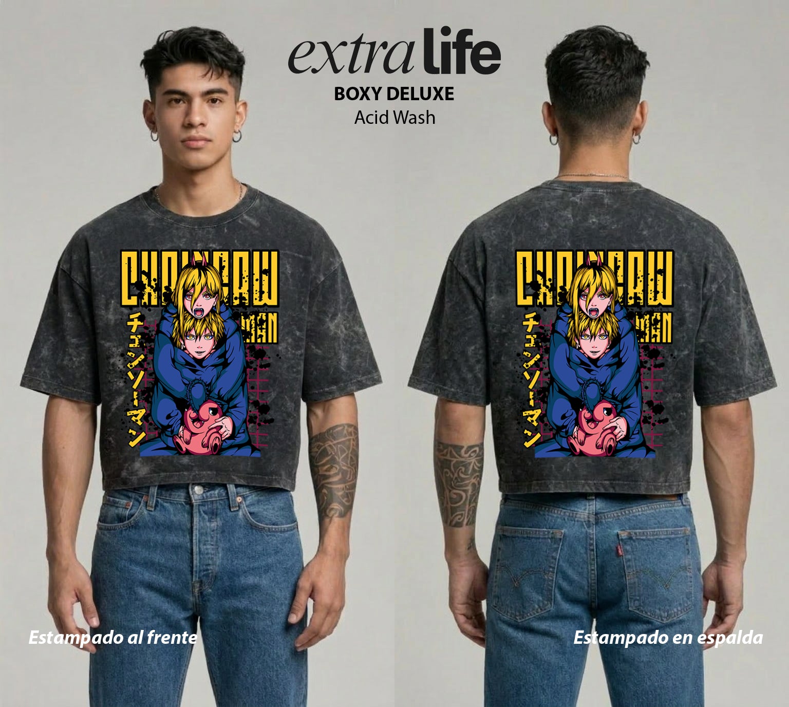 Playera streetwear premium de anime y gaming ExtraLife MX, corte boxy deluxe mineral wash heavyweight en color Acid Wash, moda urbana mexicana de culto.