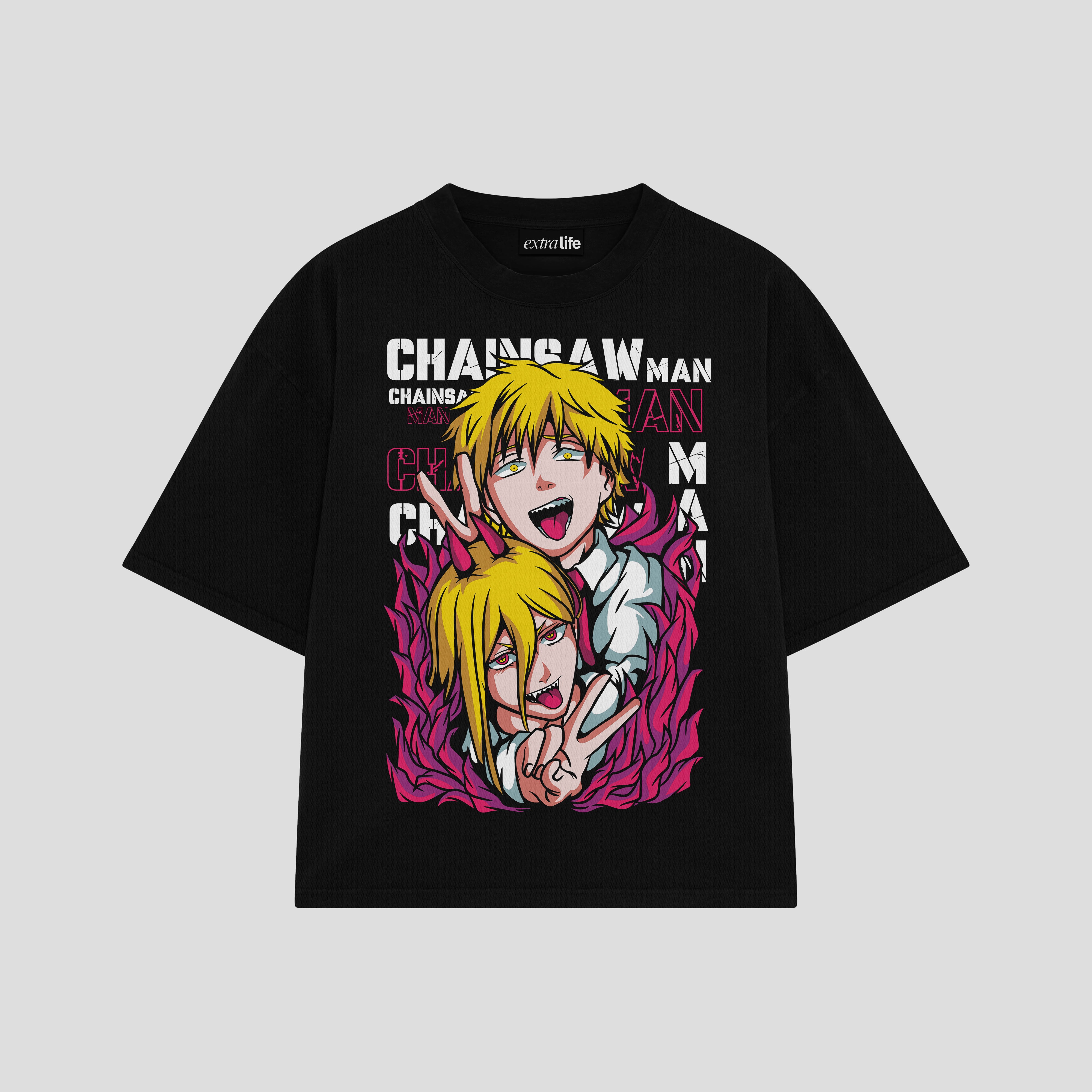 Playera streetwear premium de anime y gaming ExtraLife MX, corte boxy oversized drop shoulder heavyweight en color Deep Black y Off-White, moda urbana mexicana de culto.