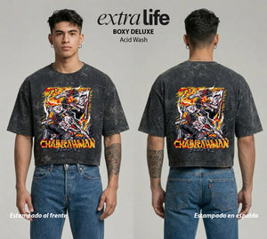Playera streetwear premium de anime y gaming ExtraLife MX, corte boxy deluxe mineral wash heavyweight en color Acid Wash, moda urbana mexicana de culto.