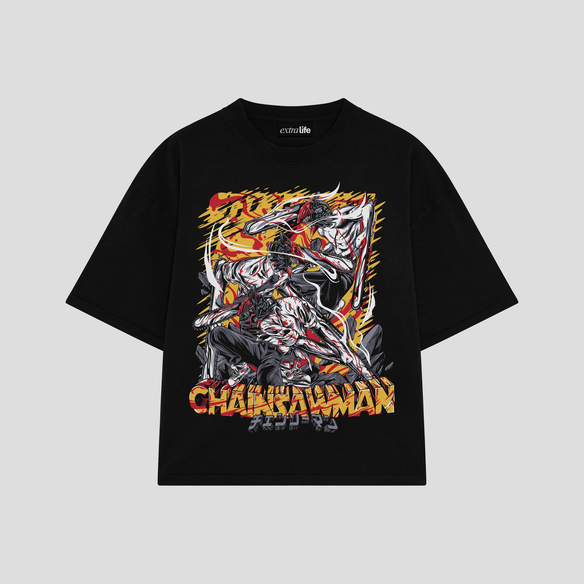 Playera streetwear premium de anime y gaming ExtraLife MX, corte oversized drop shoulder ligero y fresco en color Deep Black y Off-White, moda urbana mexicana de culto.