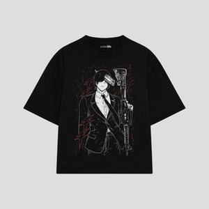Playera streetwear premium de anime y gaming ExtraLife MX, corte boxy oversized drop shoulder heavyweight en color Deep Black y Off-White, moda urbana mexicana de culto.