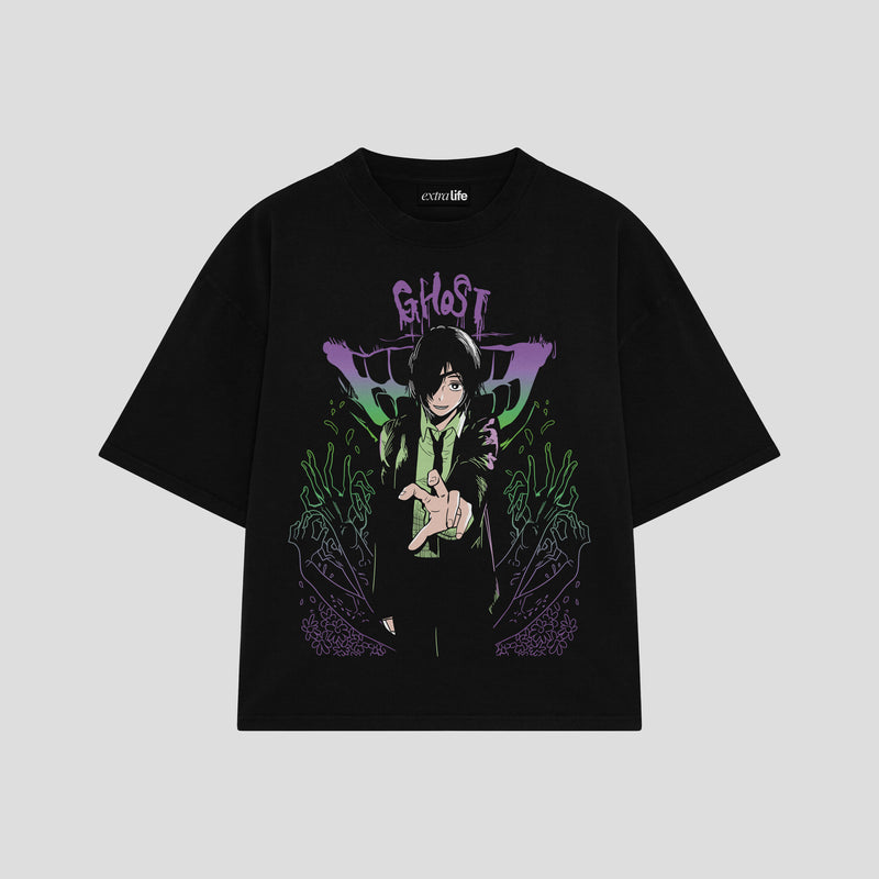 Playera streetwear premium de anime y gaming ExtraLife MX, corte boxy oversized drop shoulder heavyweight en color Deep Black y Off-White, moda urbana mexicana de culto.