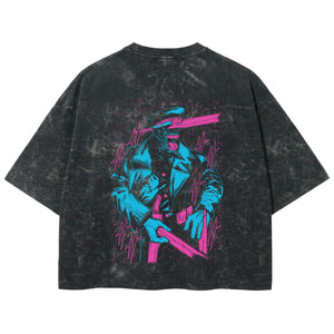 Playera streetwear premium de anime y gaming ExtraLife MX, corte boxy deluxe mineral wash heavyweight en color Acid Wash, moda urbana mexicana de culto.
