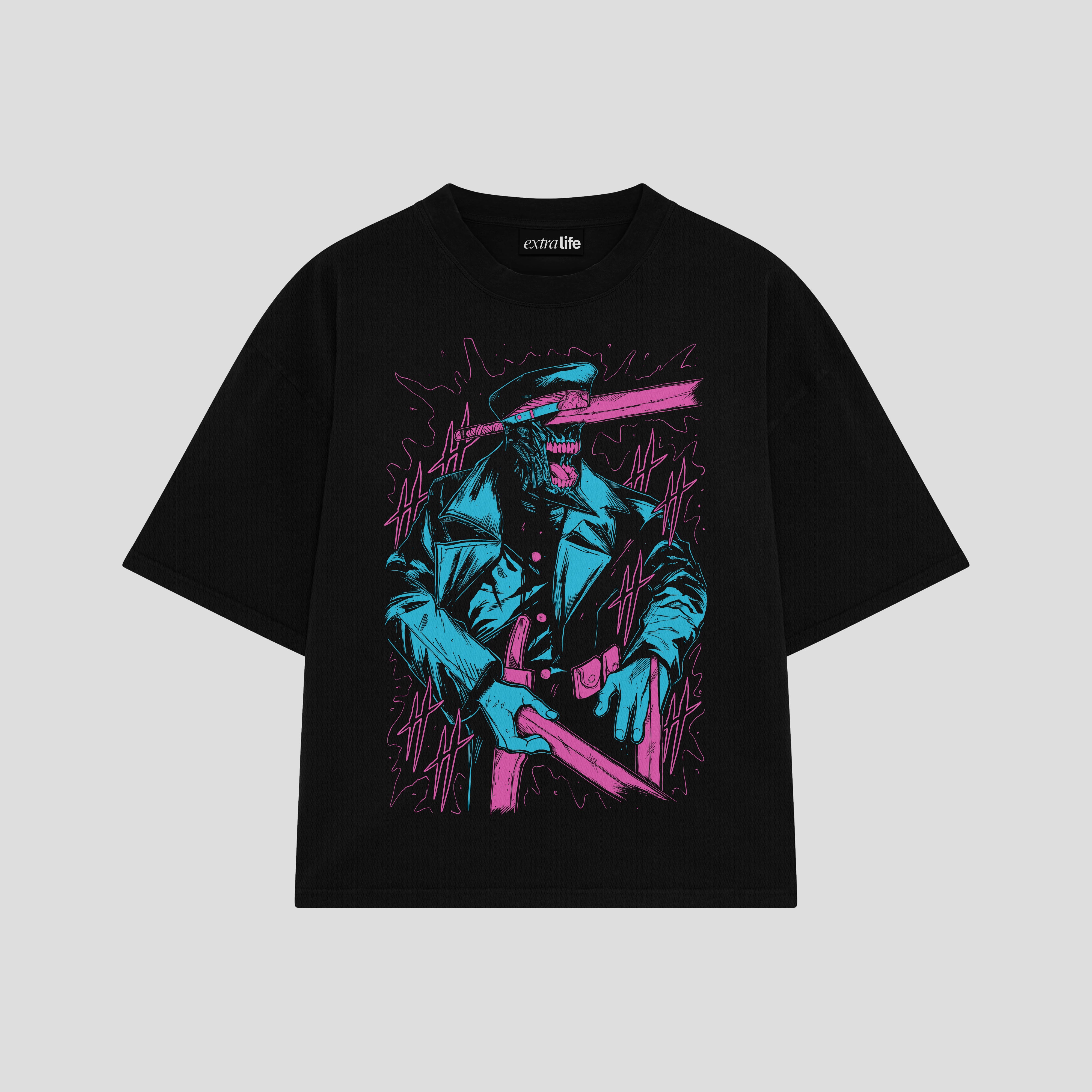 Playera streetwear premium de anime y gaming ExtraLife MX, corte boxy oversized drop shoulder heavyweight en color Deep Black y Off-White, moda urbana mexicana de culto.
