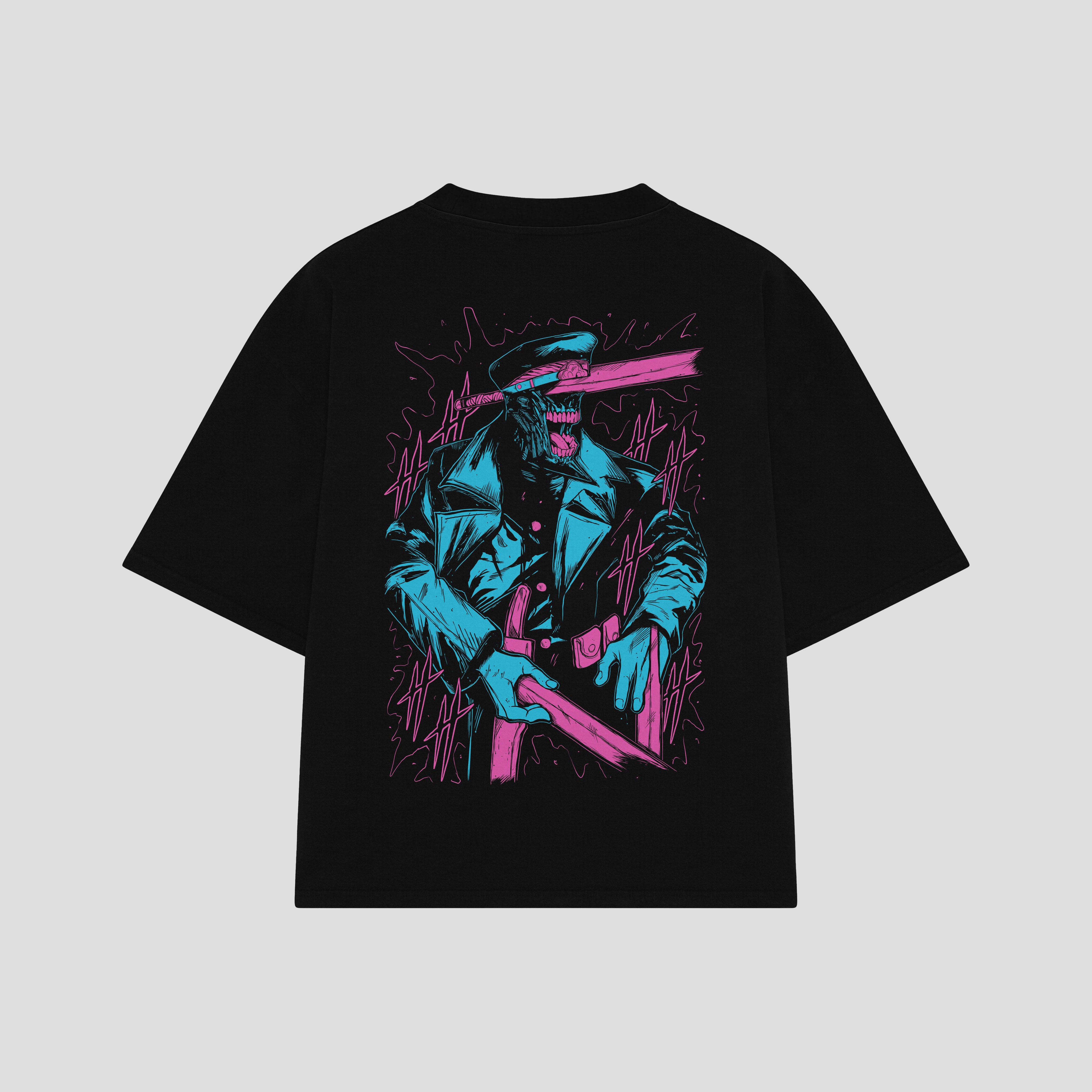Playera streetwear premium de anime y gaming ExtraLife MX, corte boxy oversized drop shoulder heavyweight en color Deep Black y Off-White, moda urbana mexicana de culto.