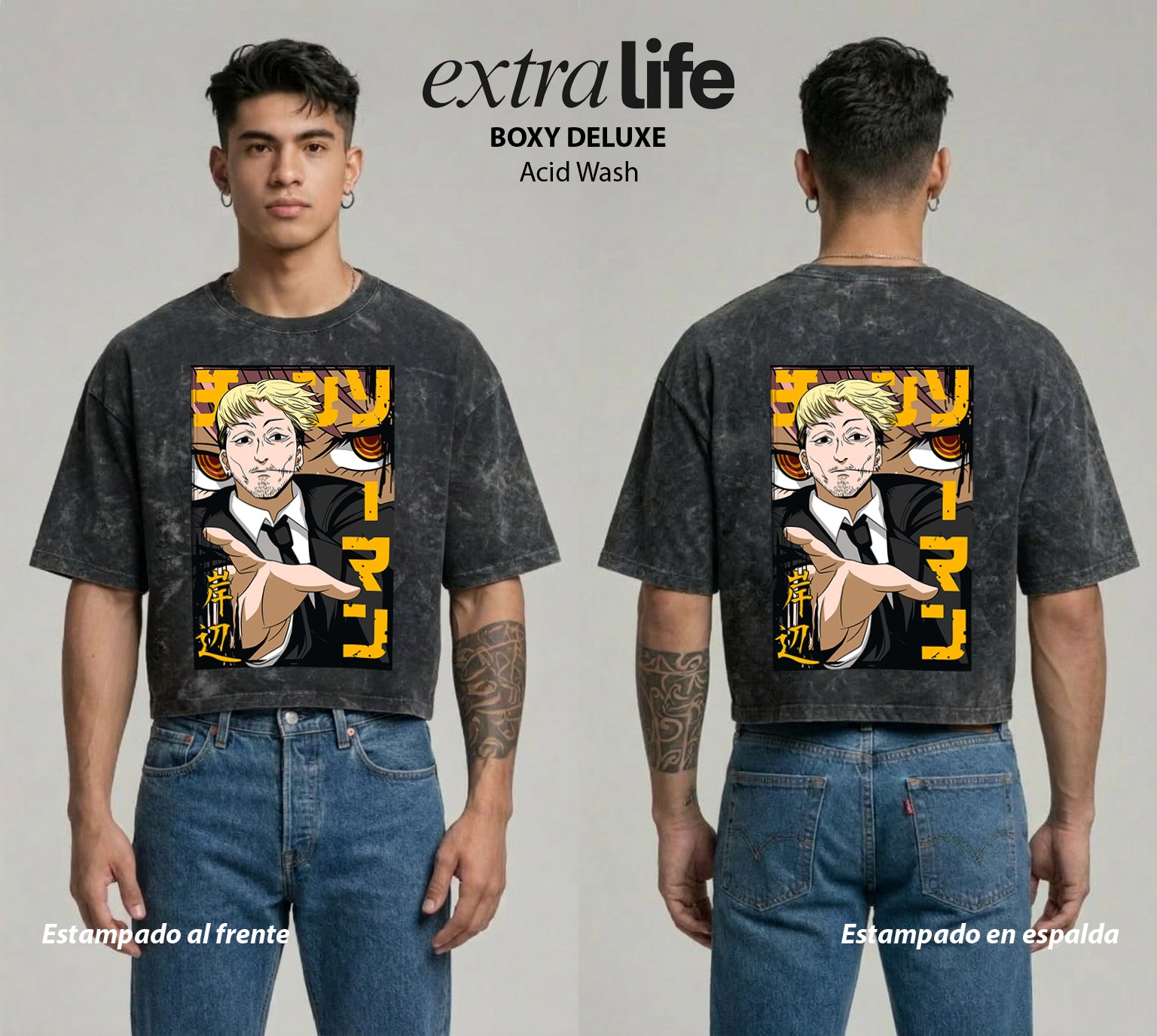 Playera streetwear premium de anime y gaming ExtraLife MX, corte boxy deluxe mineral wash heavyweight en color Acid Wash, moda urbana mexicana de culto.