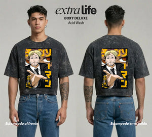 Playera streetwear premium de anime y gaming ExtraLife MX, corte boxy deluxe mineral wash heavyweight en color Acid Wash, moda urbana mexicana de culto.