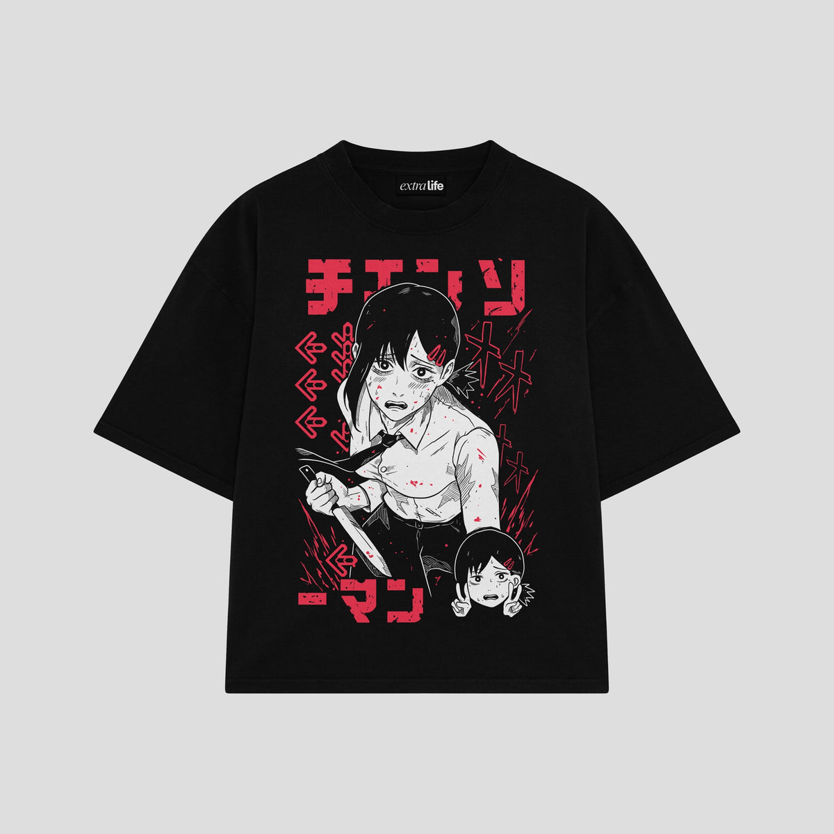 Playera streetwear premium de anime y gaming ExtraLife MX, corte oversized drop shoulder ligero y fresco en color Deep Black y Off-White, moda urbana mexicana de culto.