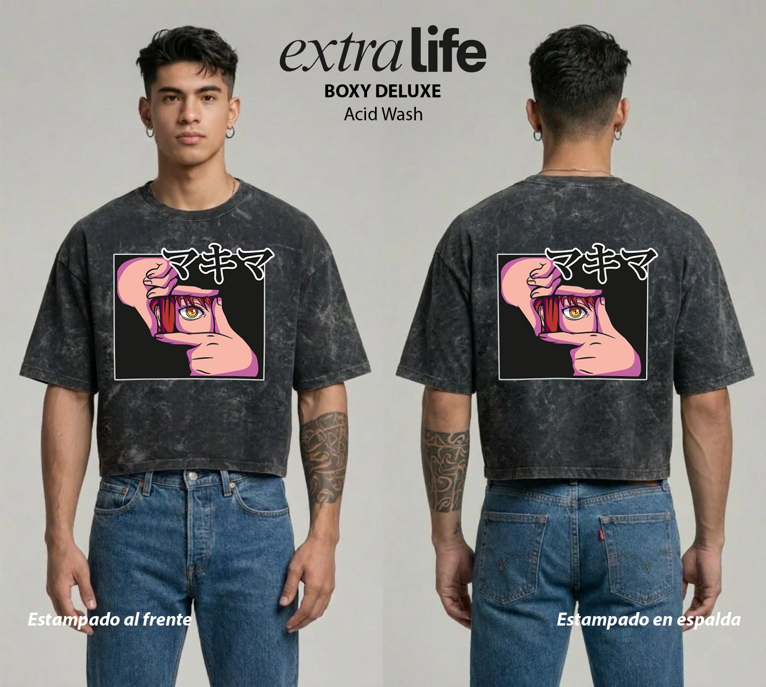 Playera streetwear premium de anime y gaming ExtraLife MX, corte boxy deluxe mineral wash heavyweight en color Acid Wash, moda urbana mexicana de culto.