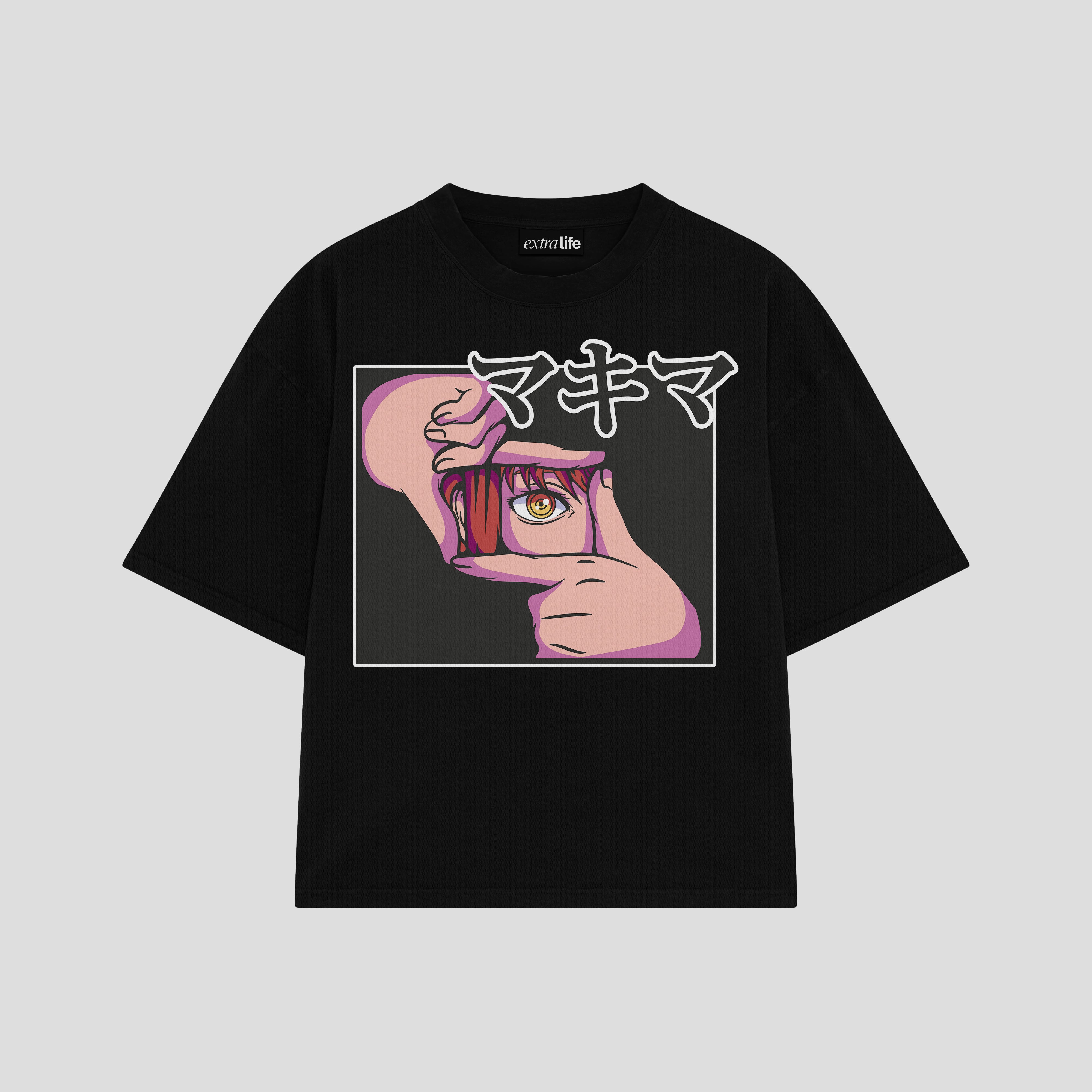 Playera streetwear premium de anime y gaming ExtraLife MX, corte boxy oversized drop shoulder heavyweight en color Deep Black y Off-White, moda urbana mexicana de culto.