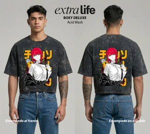 Playera streetwear premium de anime y gaming ExtraLife MX, corte boxy deluxe mineral wash heavyweight en color Acid Wash, moda urbana mexicana de culto.