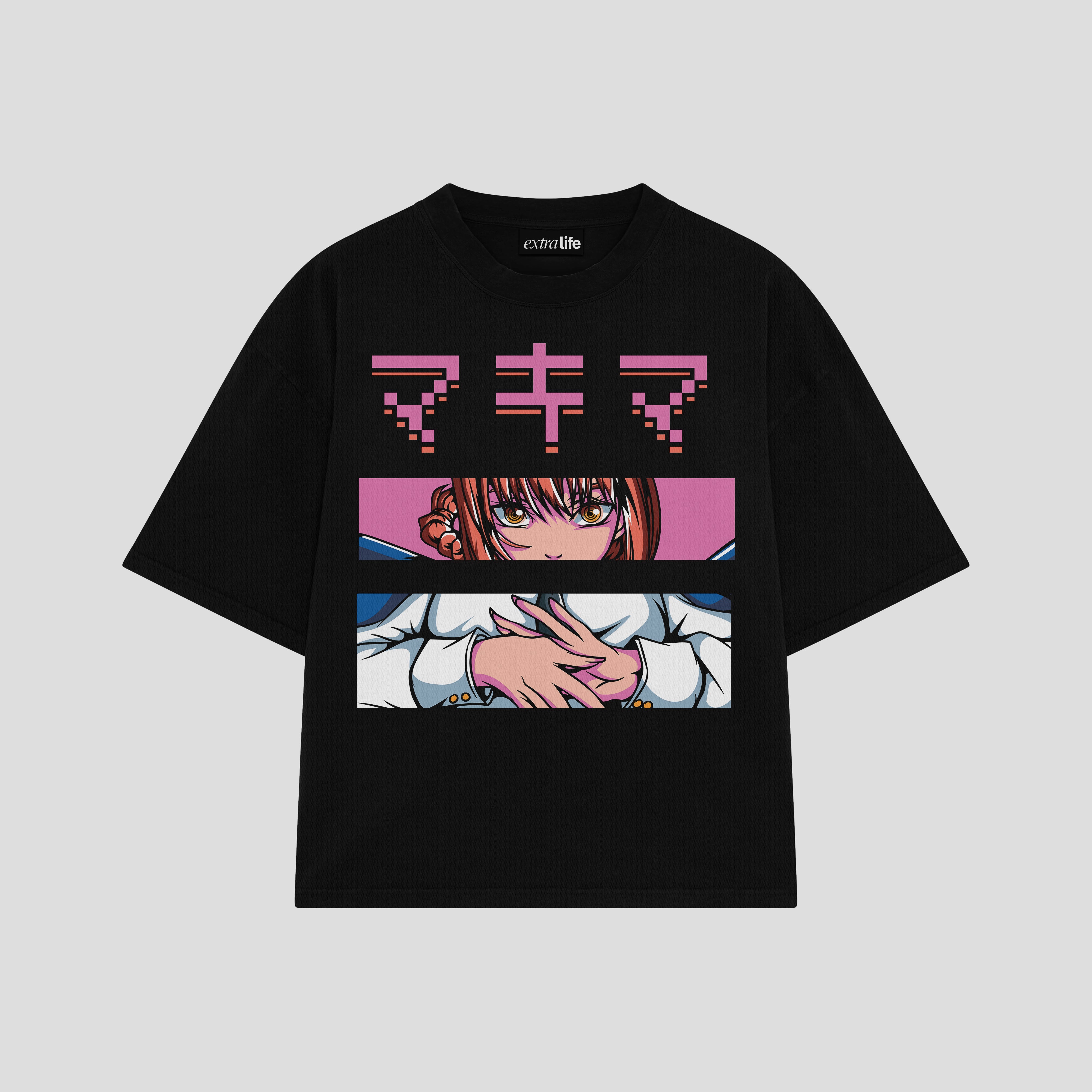 Playera streetwear premium de anime y gaming ExtraLife MX, corte boxy oversized drop shoulder heavyweight en color Deep Black y Off-White, moda urbana mexicana de culto.