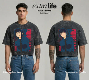 Playera streetwear premium de anime y gaming ExtraLife MX, corte boxy deluxe mineral wash heavyweight en color Acid Wash, moda urbana mexicana de culto.