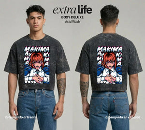 Playera streetwear premium de anime y gaming ExtraLife MX, corte boxy deluxe mineral wash heavyweight en color Acid Wash, moda urbana mexicana de culto.
