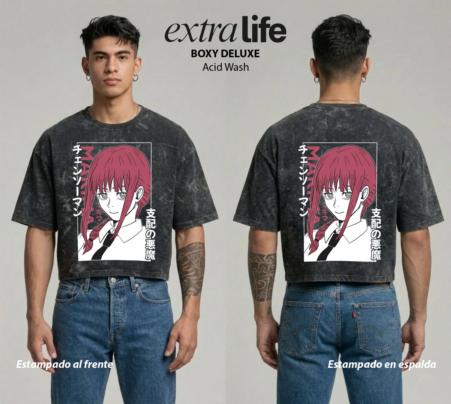 Playera streetwear premium de anime y gaming ExtraLife MX, corte boxy deluxe mineral wash heavyweight en color Acid Wash, moda urbana mexicana de culto.