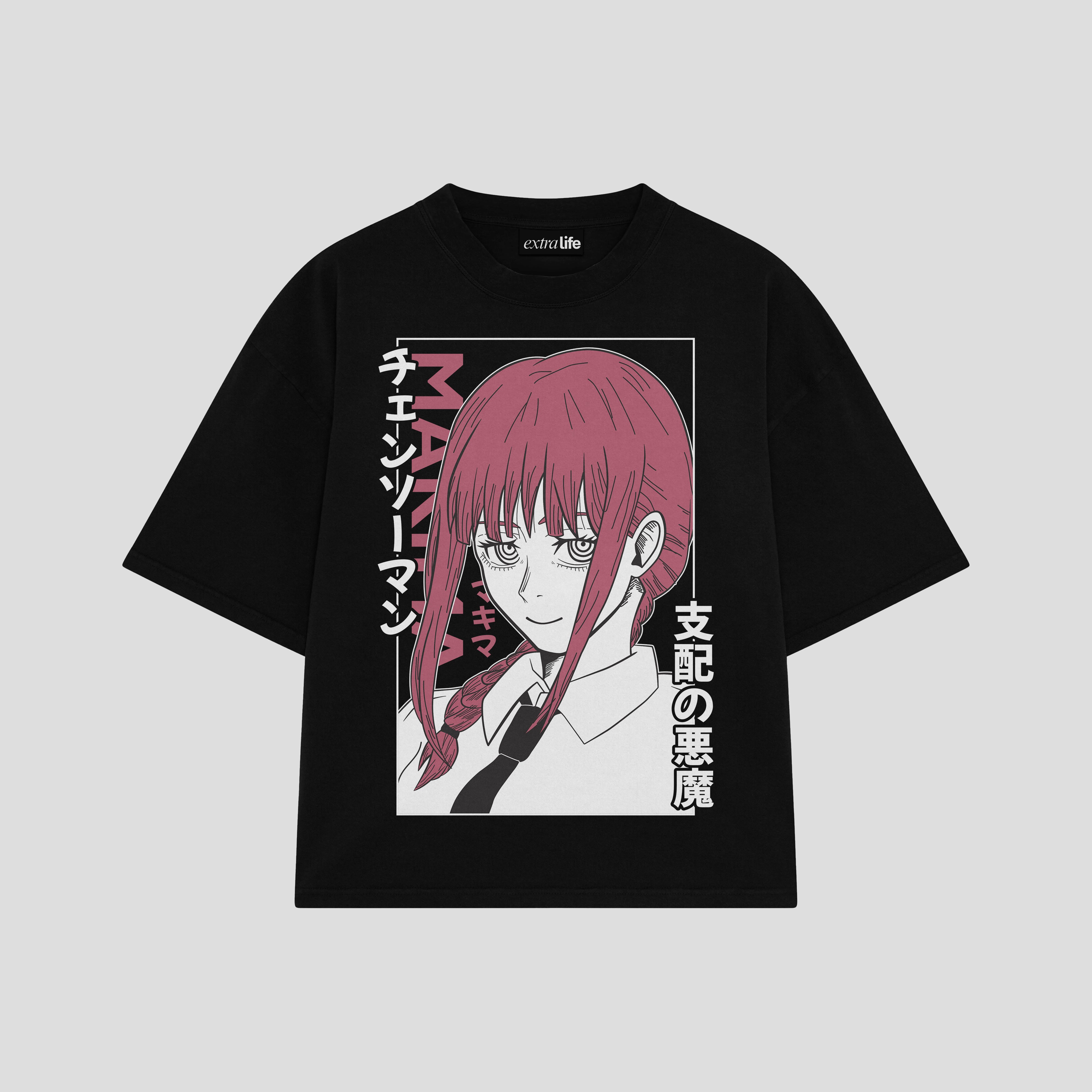 Playera streetwear premium de anime y gaming ExtraLife MX, corte boxy oversized drop shoulder heavyweight en color Deep Black y Off-White, moda urbana mexicana de culto.