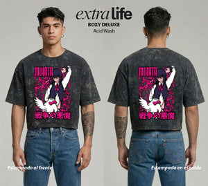 Playera streetwear premium de anime y gaming ExtraLife MX, corte boxy deluxe mineral wash heavyweight en color Acid Wash, moda urbana mexicana de culto.