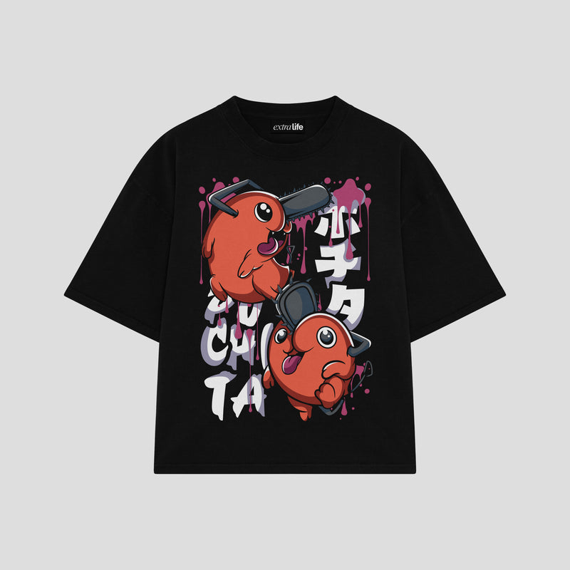 Playera streetwear premium de anime y gaming ExtraLife MX, corte boxy oversized drop shoulder heavyweight en color Deep Black y Off-White, moda urbana mexicana de culto.