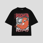 Playera streetwear premium de anime y gaming ExtraLife MX, corte boxy oversized drop shoulder heavyweight en color Deep Black y Off-White, moda urbana mexicana de culto.