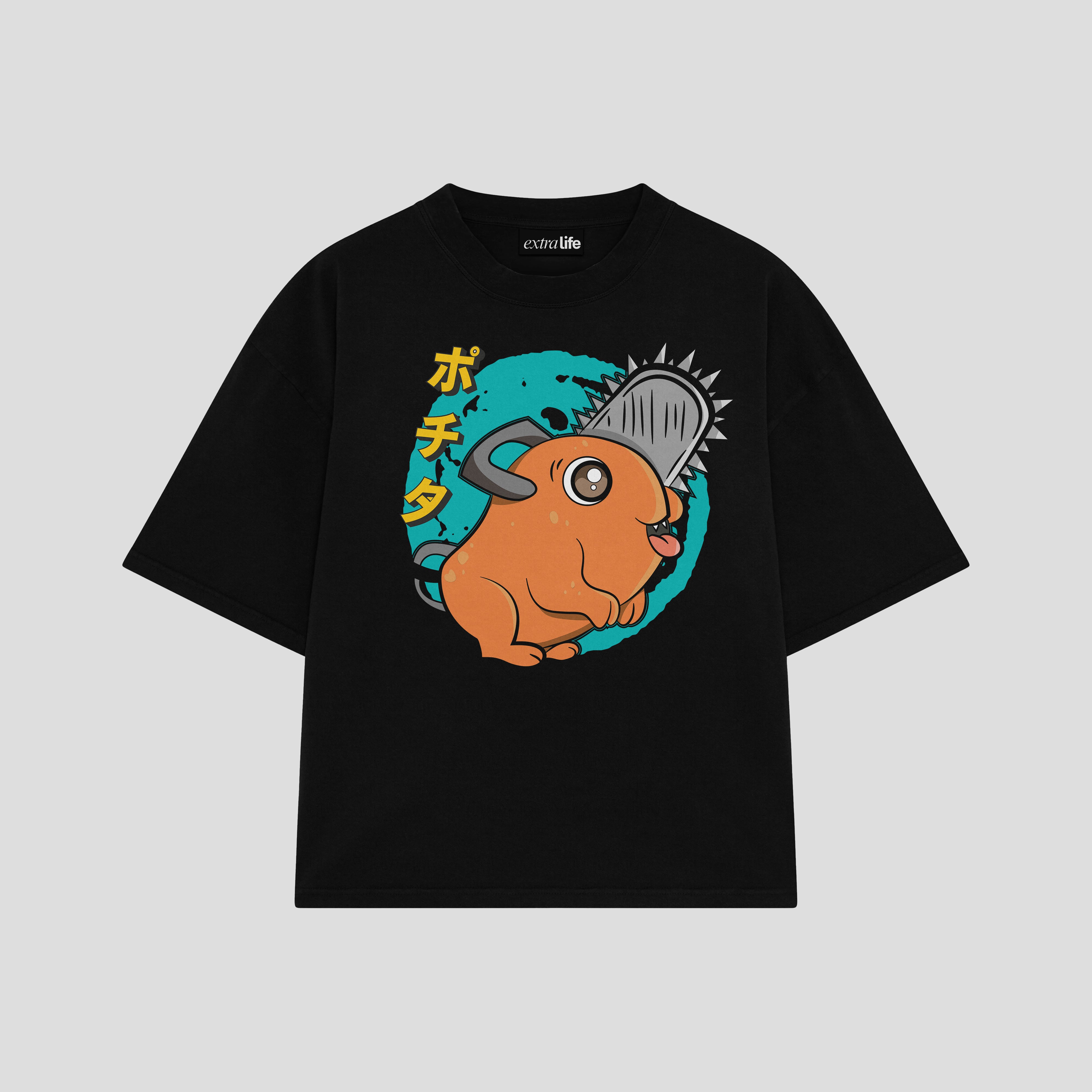 Playera streetwear premium de anime y gaming ExtraLife MX, corte boxy oversized drop shoulder heavyweight en color Deep Black y Off-White, moda urbana mexicana de culto.