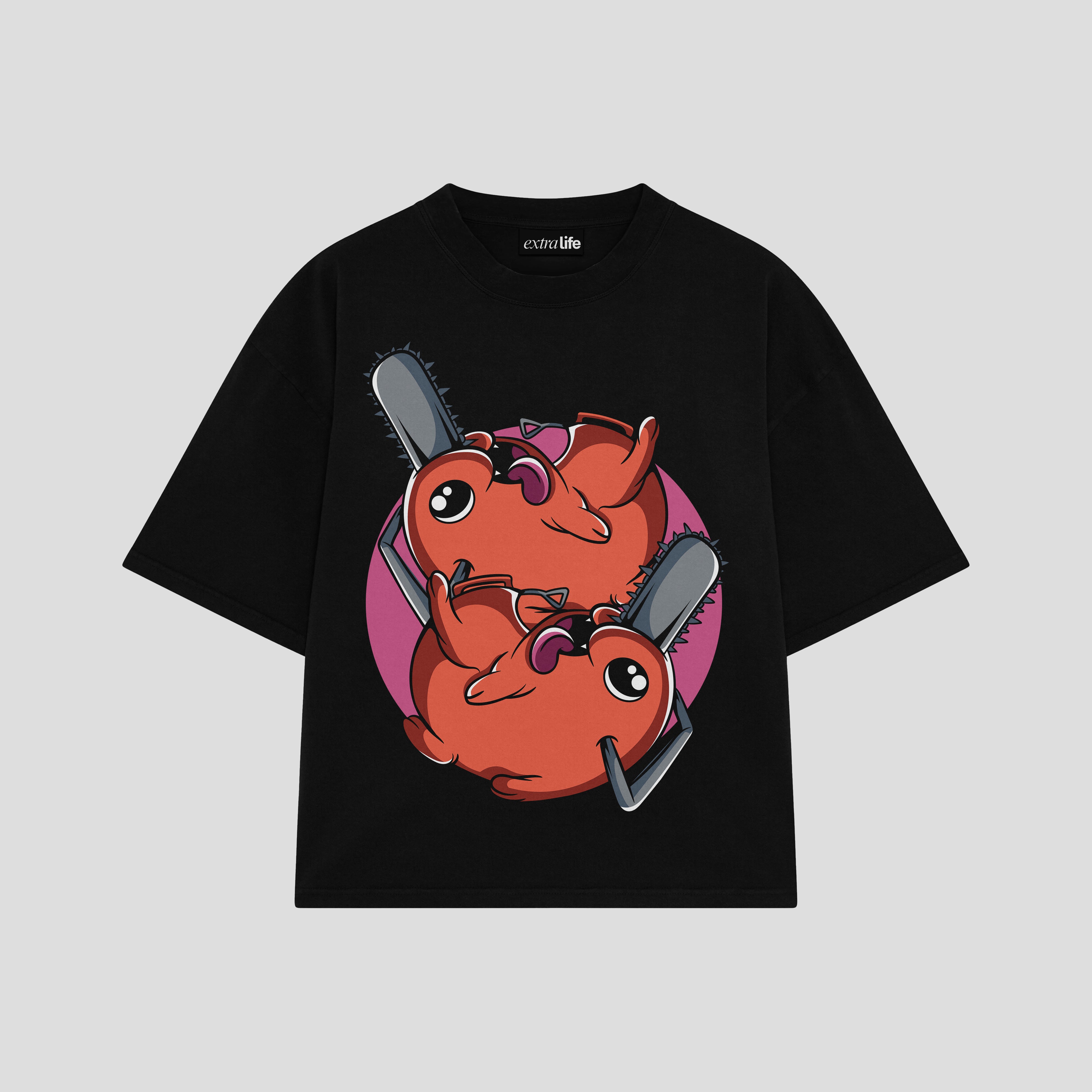 Playera streetwear premium de anime y gaming ExtraLife MX, corte boxy oversized drop shoulder heavyweight en color Deep Black y Off-White, moda urbana mexicana de culto.