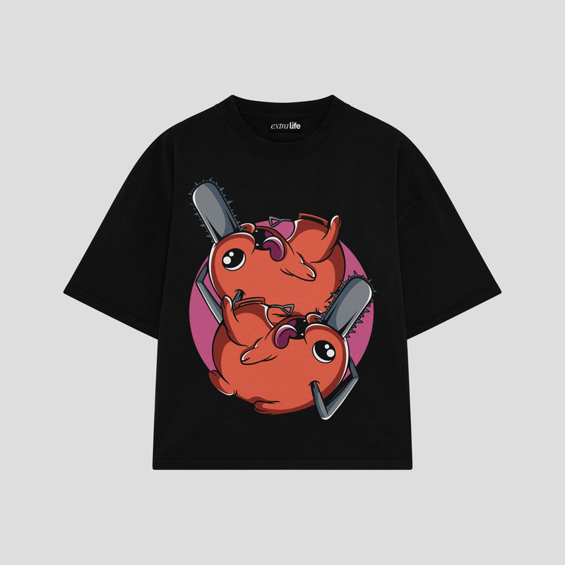 Playera streetwear premium de anime y gaming ExtraLife MX, corte boxy oversized drop shoulder heavyweight en color Deep Black y Off-White, moda urbana mexicana de culto.