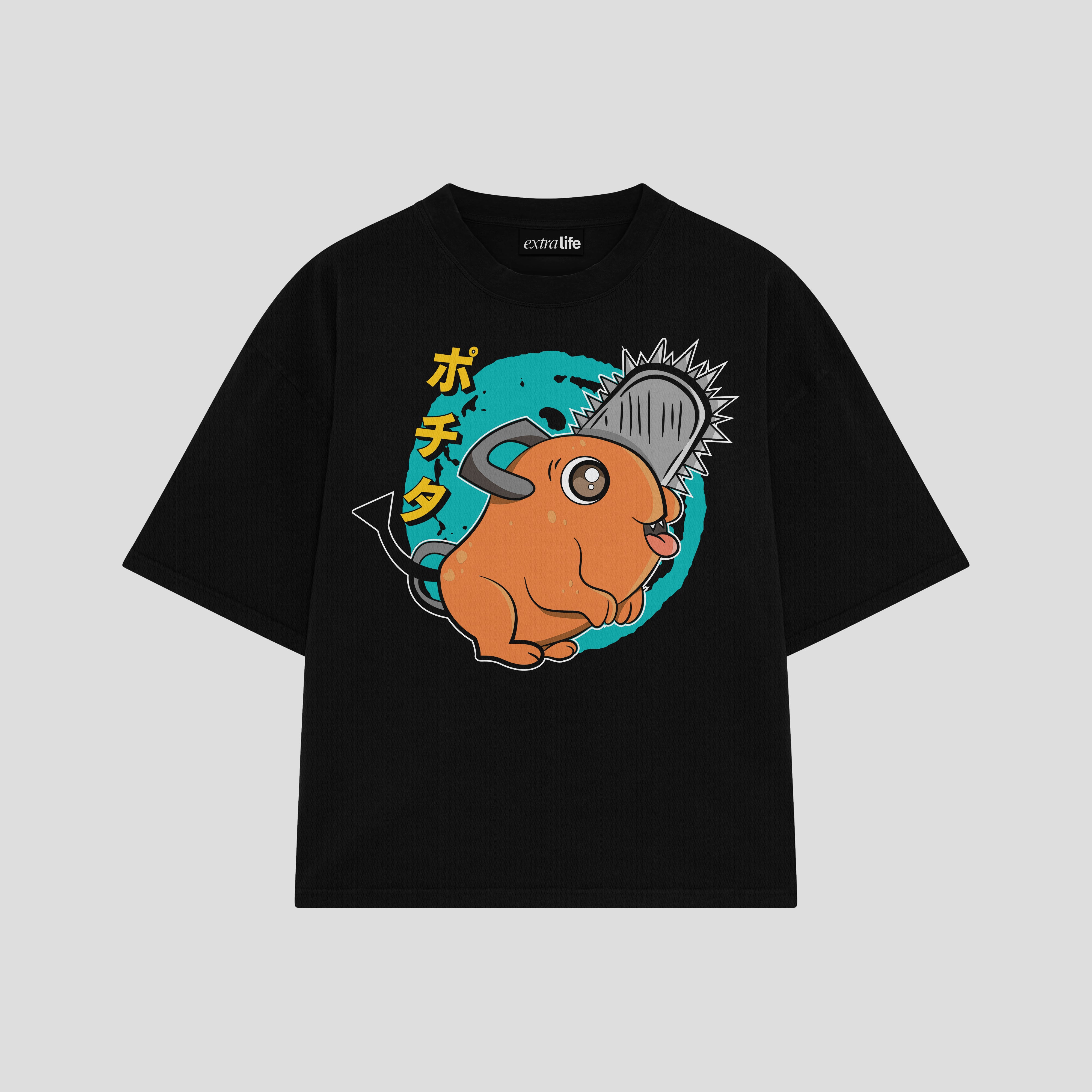 Playera streetwear premium de anime y gaming ExtraLife MX, corte boxy oversized drop shoulder heavyweight en color Deep Black y Off-White, moda urbana mexicana de culto.