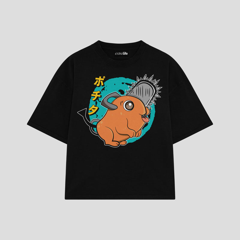 Playera streetwear premium de anime y gaming ExtraLife MX, corte boxy oversized drop shoulder heavyweight en color Deep Black y Off-White, moda urbana mexicana de culto.
