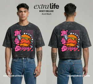 Playera streetwear premium de anime y gaming ExtraLife MX, corte boxy deluxe mineral wash heavyweight en color Acid Wash, moda urbana mexicana de culto.