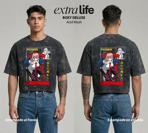 Playera streetwear premium de anime y gaming ExtraLife MX, corte boxy deluxe mineral wash heavyweight en color Acid Wash, moda urbana mexicana de culto.